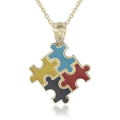 Curata Jewelry 14K Gold 18" Autism Awareness Enamel Puzzle Pendant Necklace