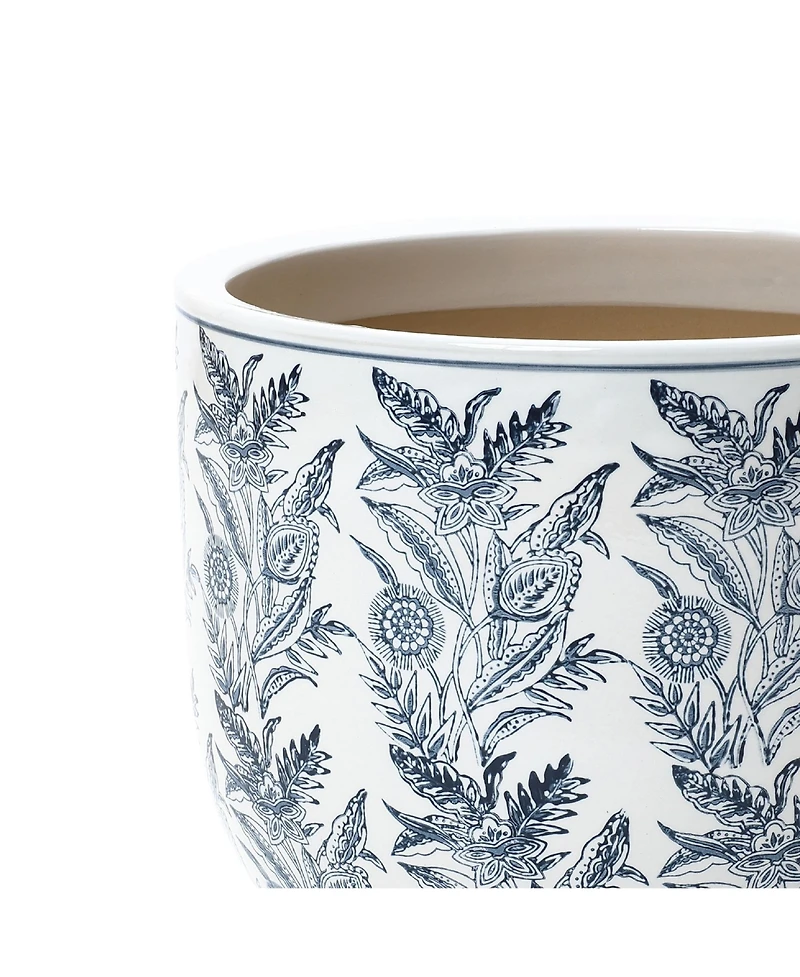 LuxenHome Blue Botanical Floral Ceramic Planter, 15.5" Round Garden Pot for Indoor & Outdoor Plants