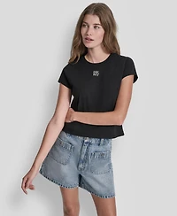 Dkny Jeans Women's Rhinestone Logo Crew Neck Baby T-Shirt