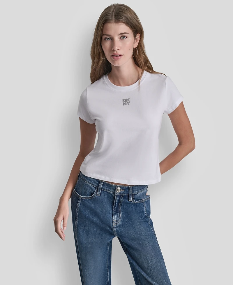 Dkny Jeans Women's Rhinestone Logo Crew Neck Baby T-Shirt