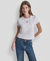 Dkny Jeans Women's Rhinestone Logo Crew Neck Baby T-Shirt