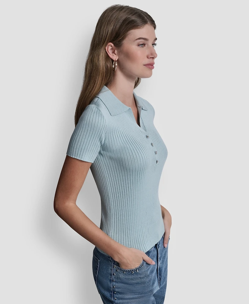 Dkny Jeans Women's Short-Sleeve Rib Collared Polo Top
