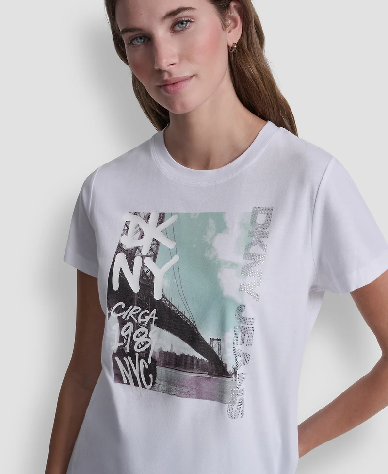 Dkny Jeans Women's Rhinestone Graffiti Logo Crew Neck T-Shirt