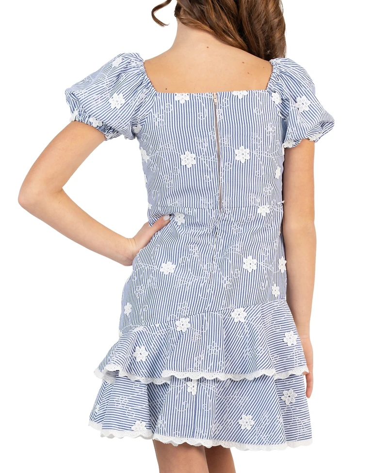 Rare Editions Big Girl 7-16 Striped Embroidered Puff Sleeve Ruffle Hem Dress