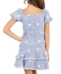 Rare Editions Big Girl 7-16 Striped Embroidered Puff Sleeve Ruffle Hem Dress