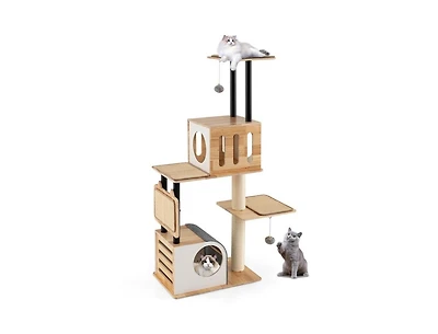 Aostirmotor Modern Tall Cat Tower with Double Condos, Dangling Balls & Sisal Carpets, Indoor Cat Furniture
