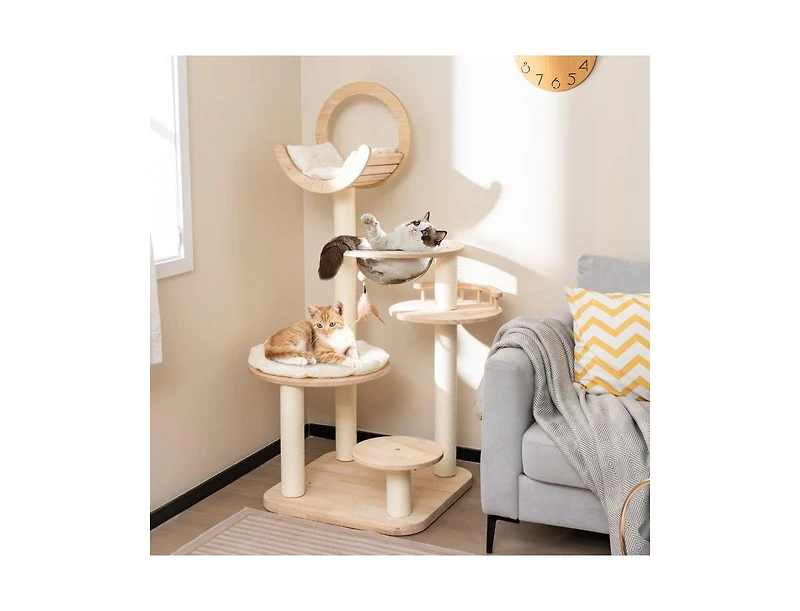 Aostirmotor 4-in-1 Wooden Cat Tower with Space Capsule Nest, Indoor Cat Furniture for Climbing & Play