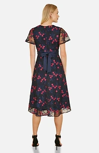 Yumi Women's Floral Mesh Wrap Midi Skater Dress