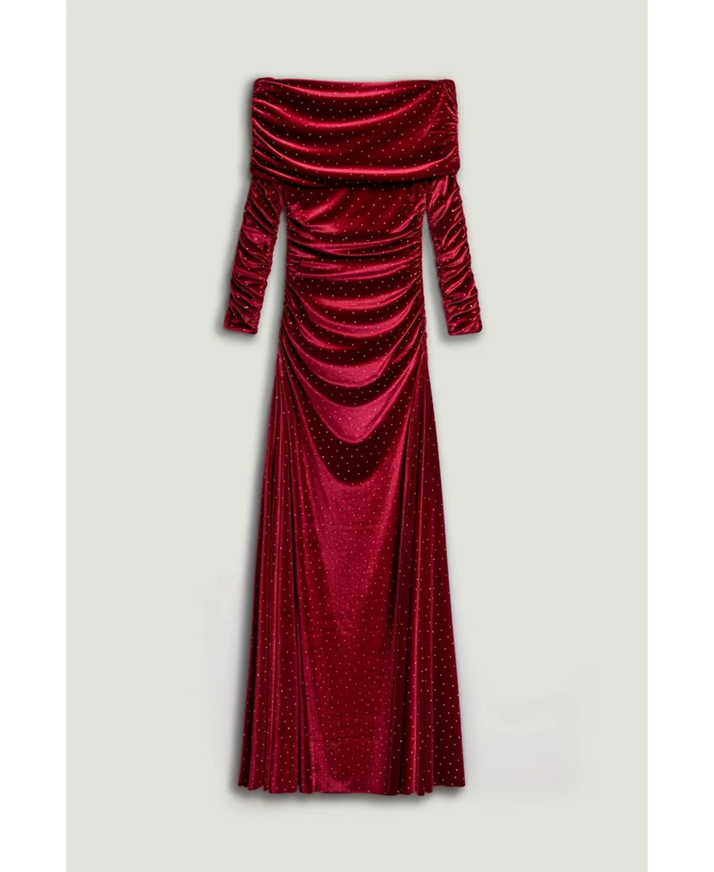 Nocturne Women's Off-Shoulder Velvet Maxi Dress with Rhinestone Detail