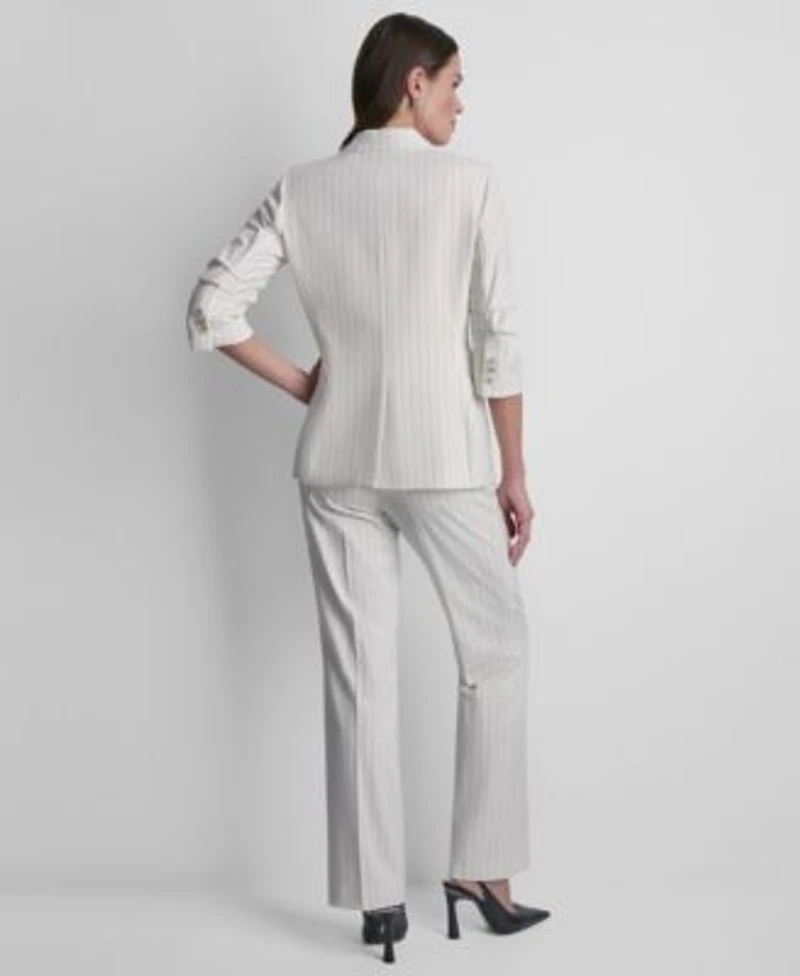 Dkny Womens Pinstripe One Button Notch Collar Jacket Sleeveless Pinstripe Button Front Vest Pinstripe Flared Fit Pants