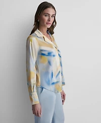 Dkny Women's Printed Long-Sleeve Covered Placket Top