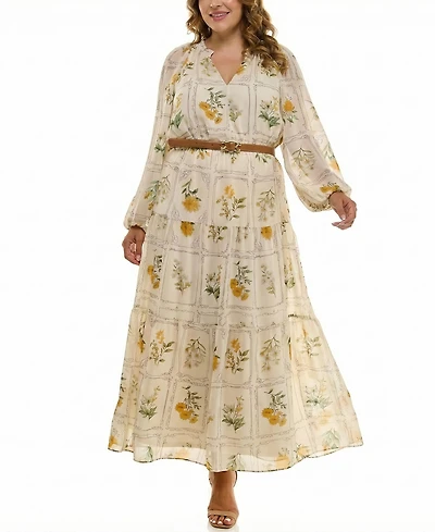 Taylor Plus Long-Sleeve Belted Maxi Dress