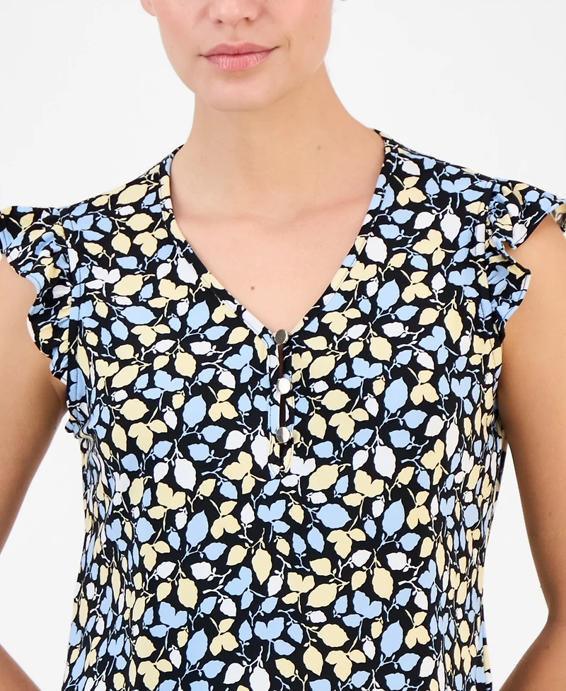 Anne Klein Essentials Petite Short-Sleeve V-Neck Button-Front Top