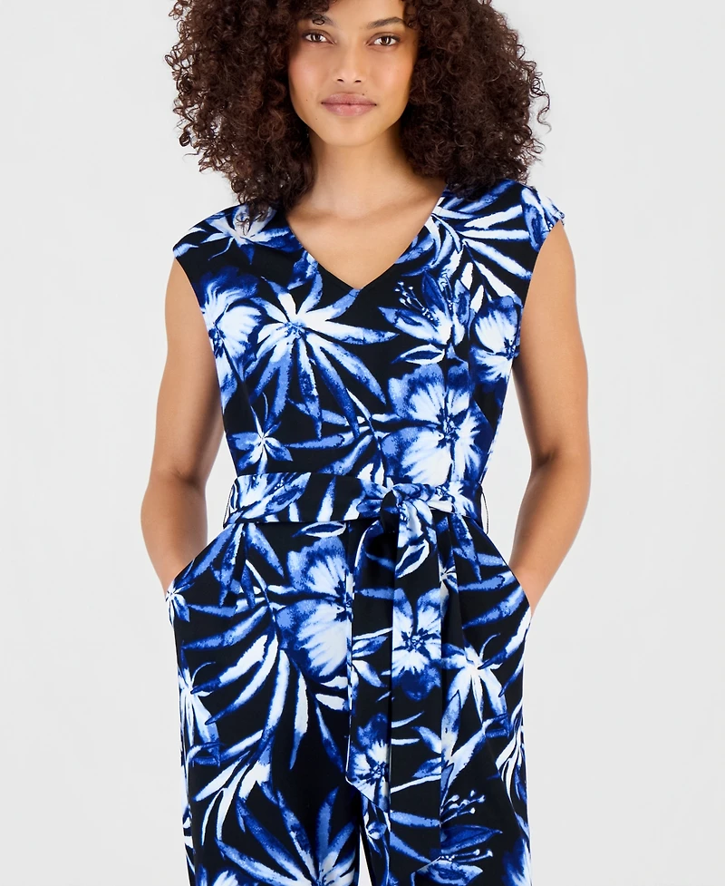 Anne Klein Essentials Petite Printed Tie-Waist Jumpsuit