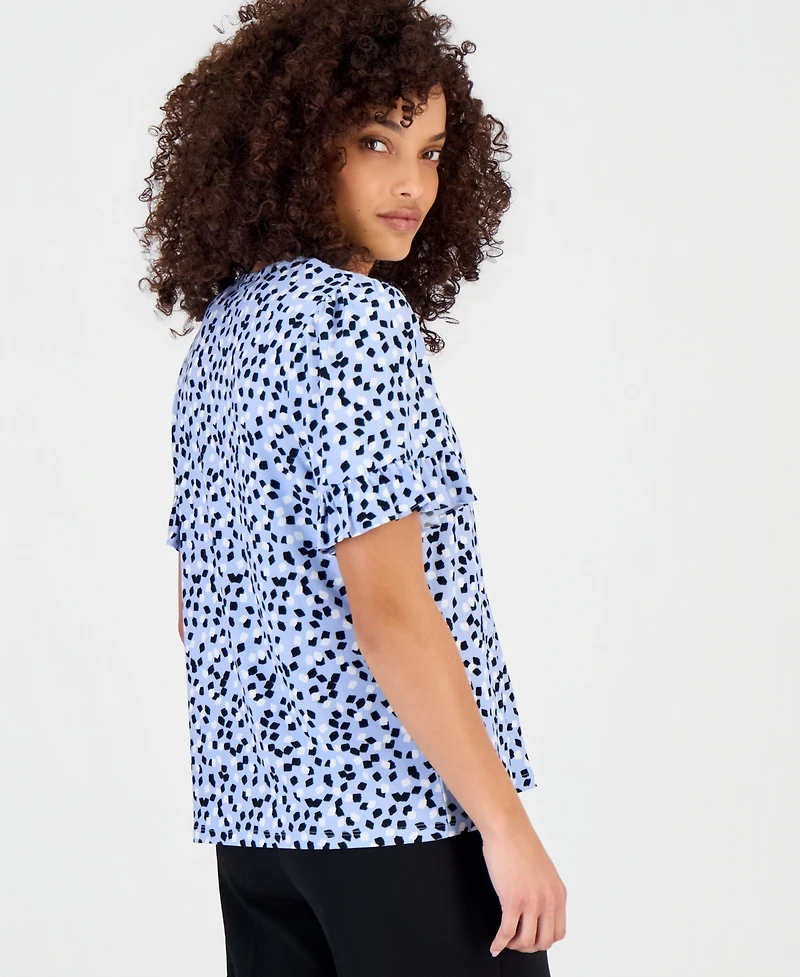 Anne Klein Essentials Petite Printed Ruffle-Sleeve Top