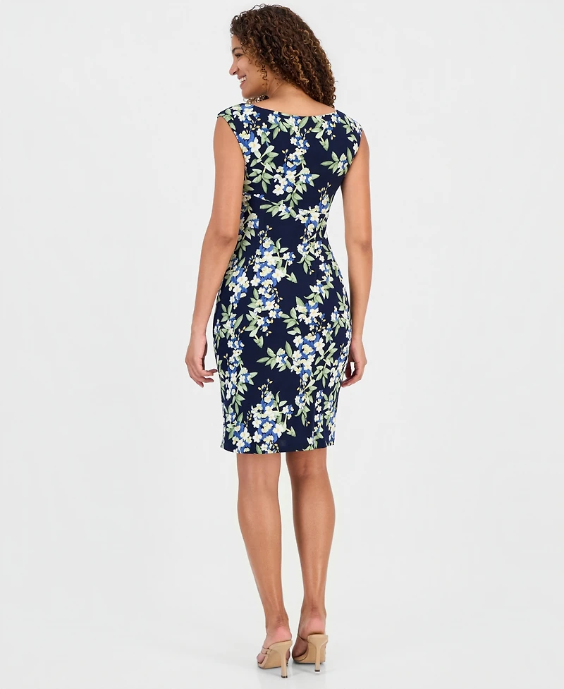 Connected Women's Printed Round-Neck Faux-Wrap Dress