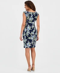 Connected Women's Printed Round-Neck Faux-Wrap Dress