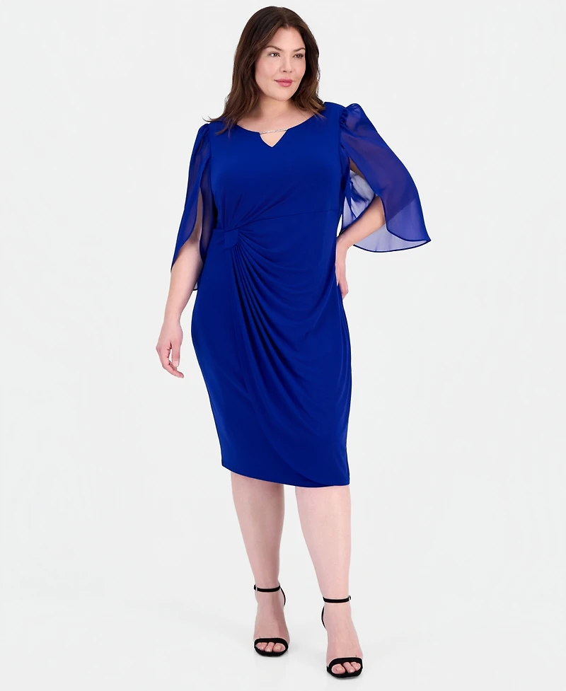 Connected Plus Sheer-Sleeve Chain-Detail Sheath Dress