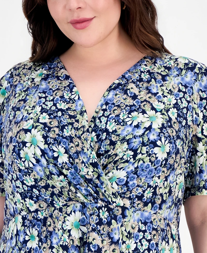 Connected Plus Surplice-Neck Short-Sleeve Dress