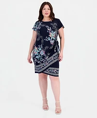 Robbie Bee Plus Printed Faux-Sarong Short-Sleeve Dress