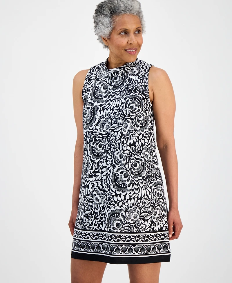 Robbie Bee Petite Tie-Back Mock Neck Printed Shift Dress