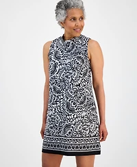 Robbie Bee Petite Tie-Back Mock Neck Printed Shift Dress