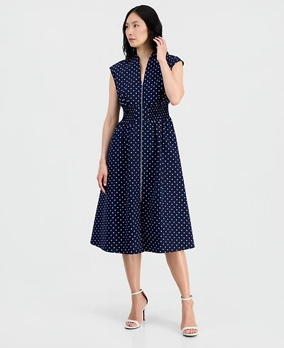 Sandra Darren Petite V-Neck Zip-Front Cotton Midi Dress