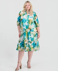 Sandra Darren Plus Linen Split-Neck Midi Dress