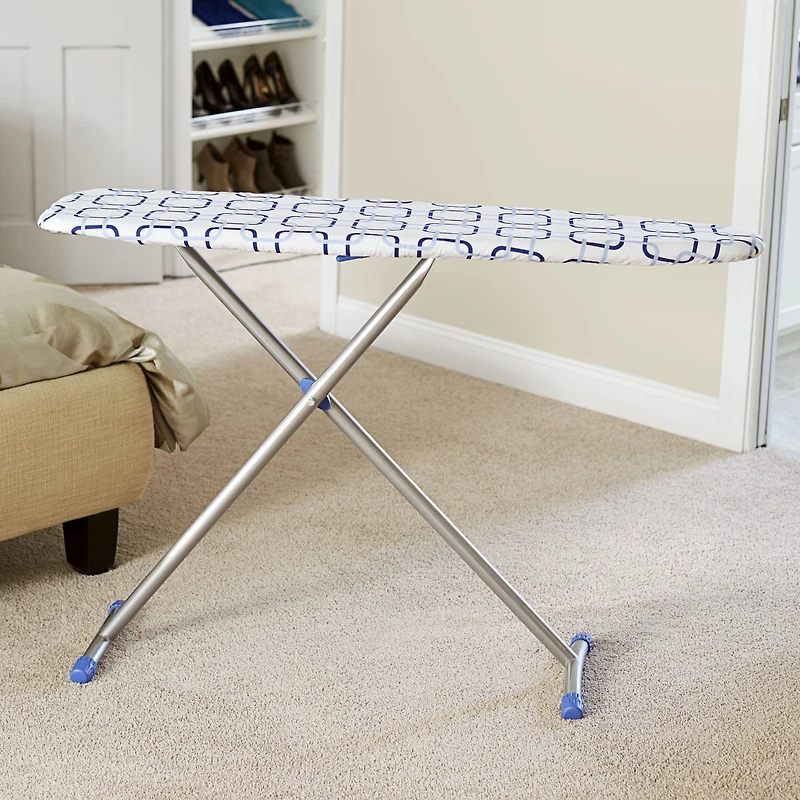 Household Essentials Arched T-Leg Ironing Board, Silver Frame, Geometric Pattern with Matching Feet