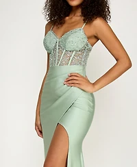 B Darlin Juniors' Strappy Sequinned-Lace Illusion-Corset Maxi Dress