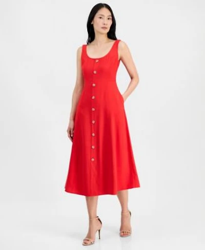 Anne Klein Womens Button Detail Sleeveless Midi Dress