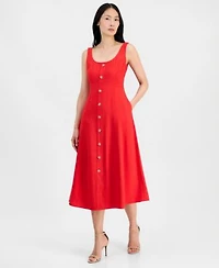 Anne Klein Womens Button Detail Sleeveless Midi Dress