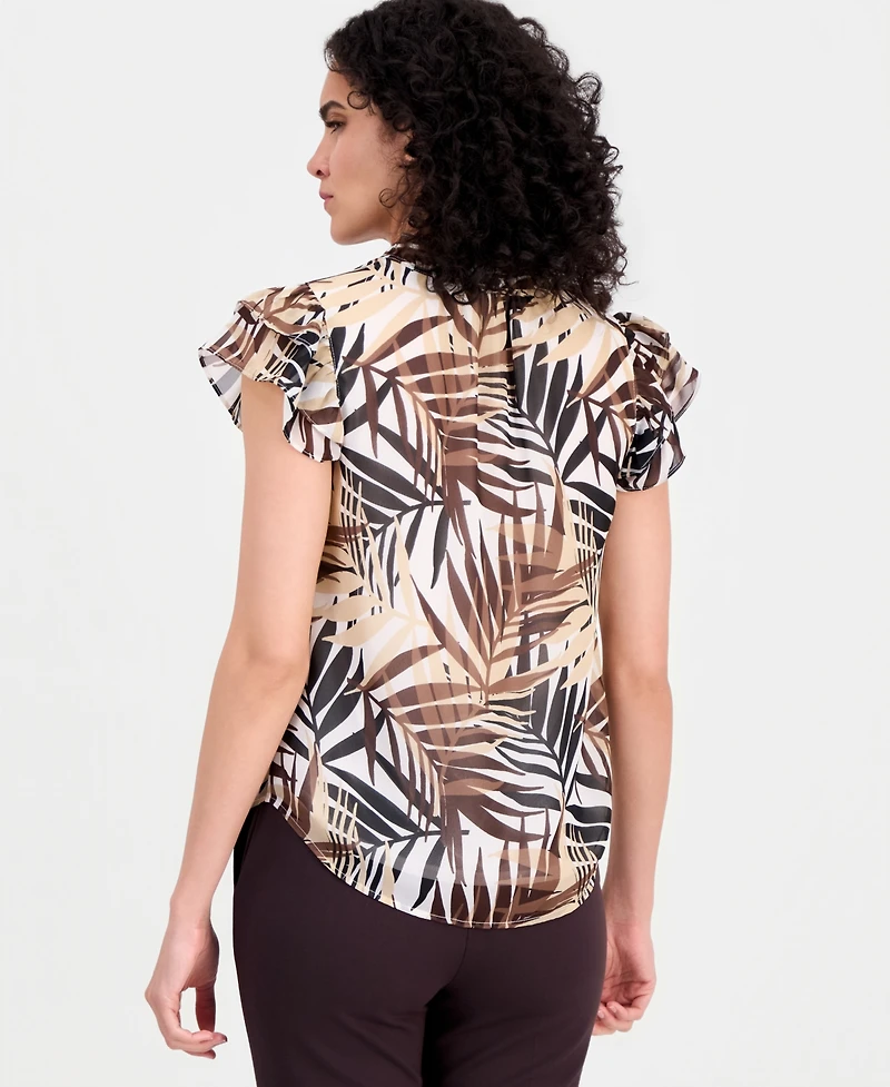 Anne Klein Women's Palm-Print Flutter-Sleeve Split-Neck Top
