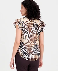 Anne Klein Women's Palm-Print Flutter-Sleeve Split-Neck Top