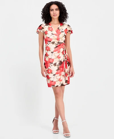 Anne Klein Women's Printed Flutter-Sleeve Wrap Dress