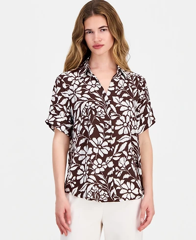 Anne Klein Essentials Petite Printed Button-Front Top