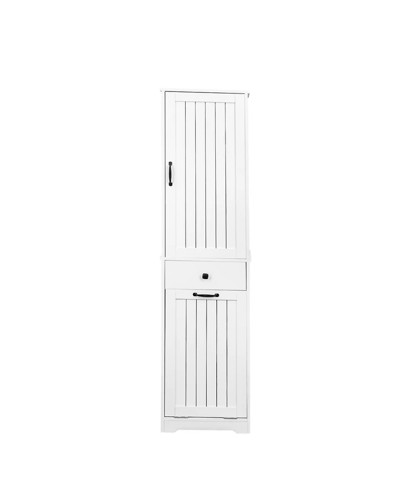 Rainsken Tall Bathroom Storage Cabinet, Tilt Out Laundry Hamper Cabinet with Adjustable Three-Layer Shelves, 1 Drawer, 1 Tilt Out Baskets for Bathroom