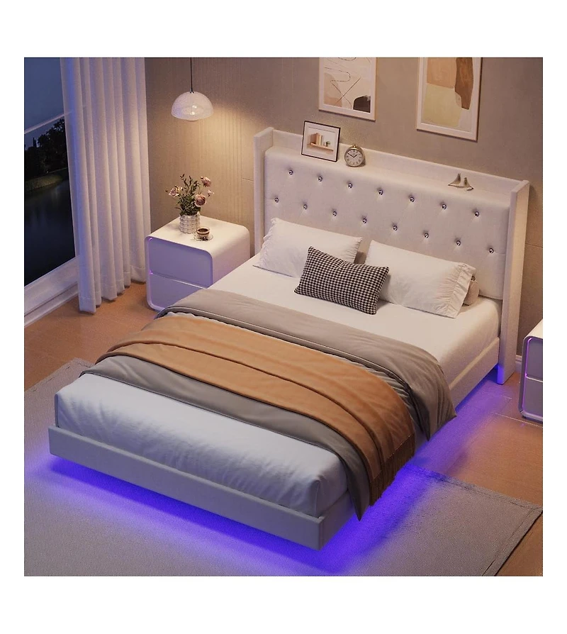 gaomon Bed Frame with Led Lights, Modern Wood Floating Bed Frame with Storage