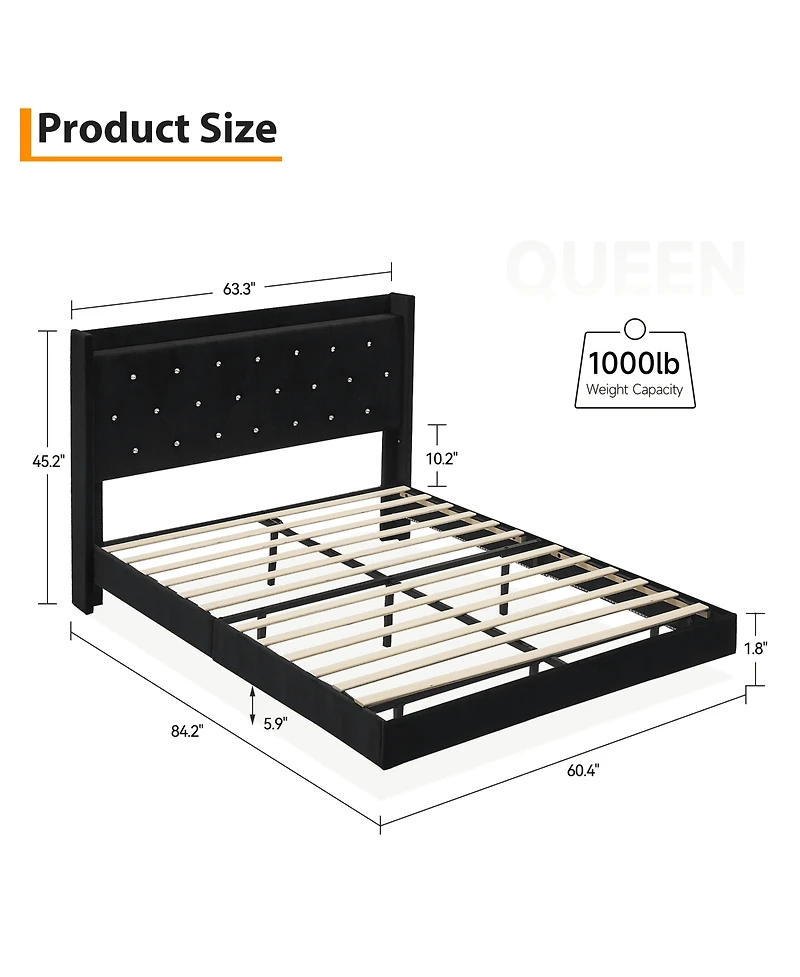 gaomon Bed Frame with Led Lights,Floating Bed Frame with Storage,Velvet Upholstered Headboard with Wingback