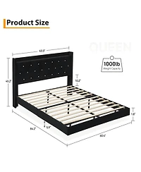 gaomon Bed Frame with Led Lights,Floating Bed Frame with Storage,Velvet Upholstered Headboard with Wingback
