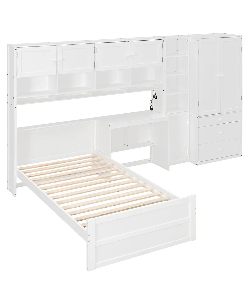 Streamdale Furniture Wooden Twin Platform Bed with Desk, Wardrobe, Cabinets, Drawers, Shelves