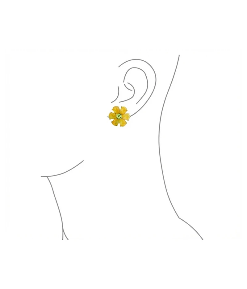 Bling Jewelry Floral Cz Center Jade Flower Stud Earrings Gold Plated .925 Sterling Silver