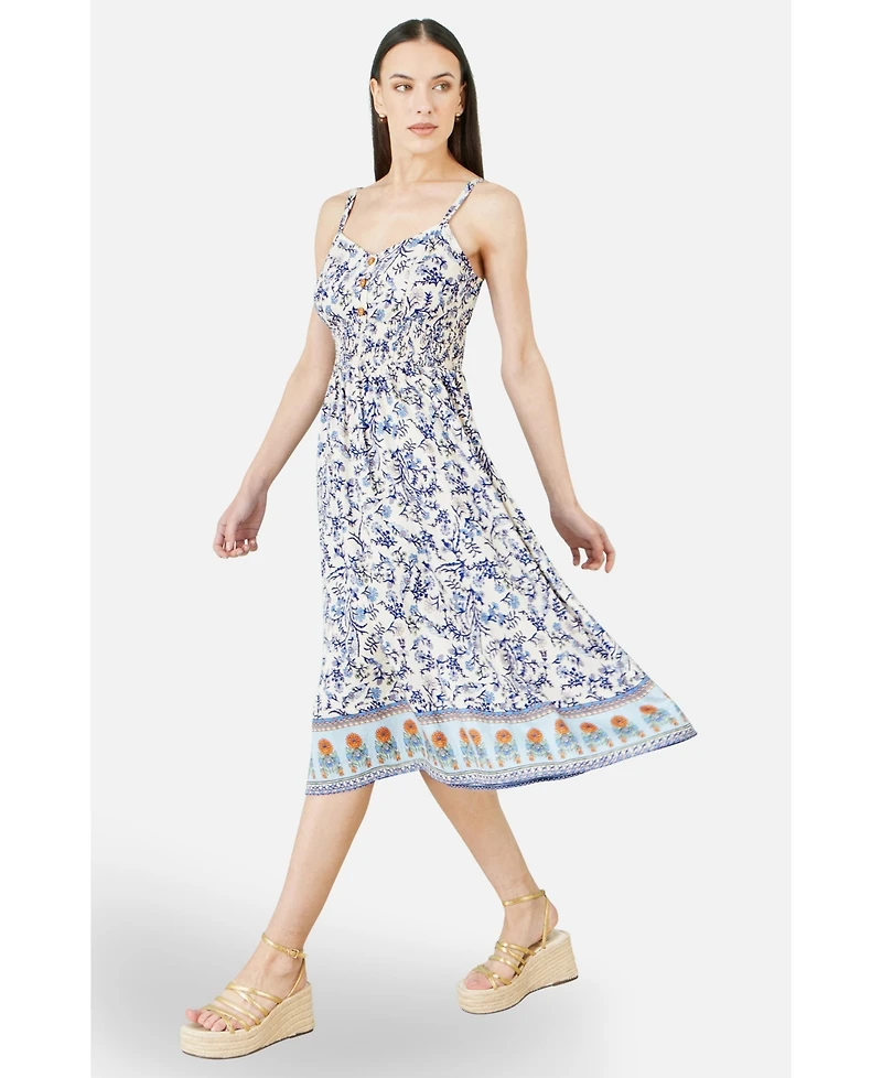 Yumi Women's Floral Border Print Midi Sun Dress
