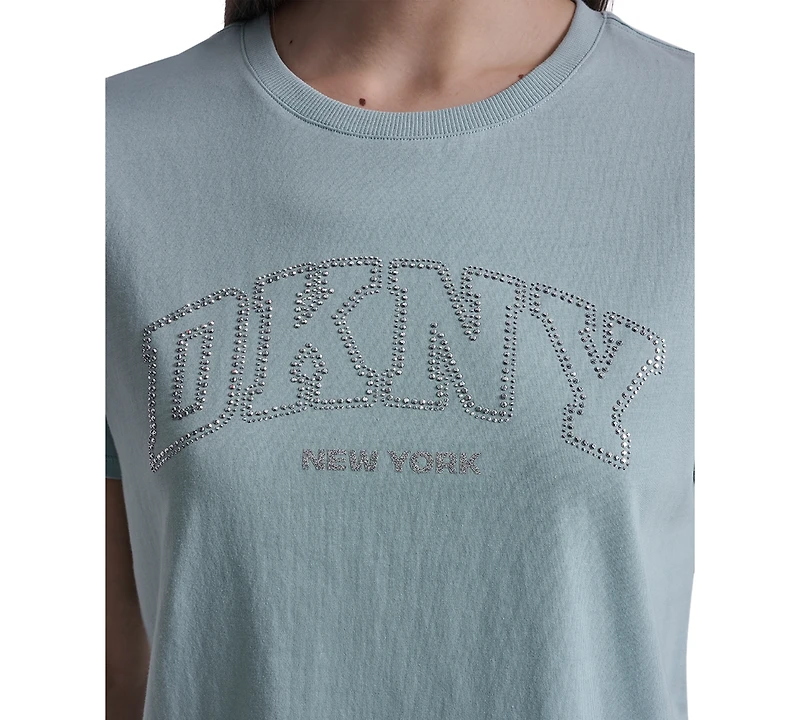 Dkny Sport Women's Rhinestone Varsity Logo Relaxed Fit Pull-On T-Shirt