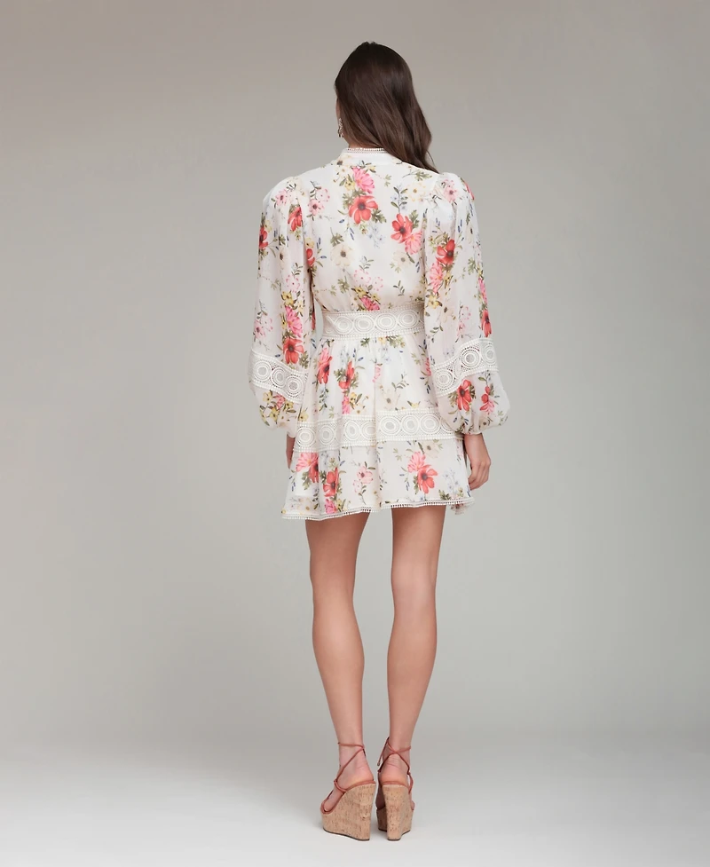 Avec Les Filles Women's Floral-Print Lace-Trim Chiffon Dress