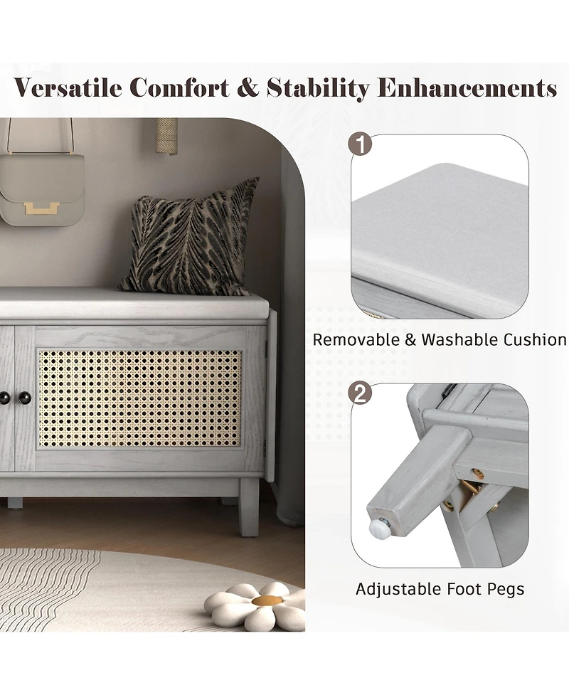 Rainsken Rattan Shoe Storage Bench, Wooden Shoe Organizer with Cushion, 2 Doors, 2-Tier Shoe Rack and Adjustable Shelves for Entryway