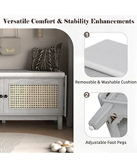 Rainsken Rattan Shoe Storage Bench, Wooden Shoe Organizer with Cushion, 2 Doors, 2-Tier Shoe Rack and Adjustable Shelves for Entryway