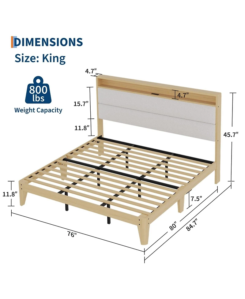 gaomon Boucle Upholstered Bed Frame with Led Lights and Charging Station with 2-Tier Storage Shelves