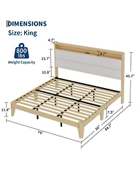 gaomon Boucle Upholstered Bed Frame with Led Lights and Charging Station with 2-Tier Storage Shelves