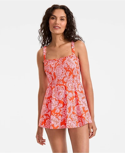 Lands' End Women's Square Neck Smocked Mini Swim Dress